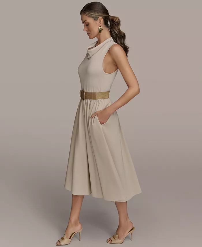 Alfani Donna Karan New York Women's Mixed-Media Belted Midi Dress Women's Fashion Shoes & Accessories