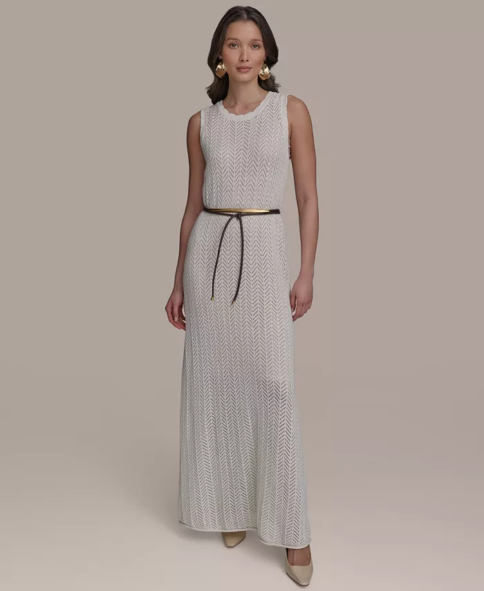 Alfani Donna Karan New York Women's Pointelle Knit Belted Dress Women's Fashion Shoes & Accessories