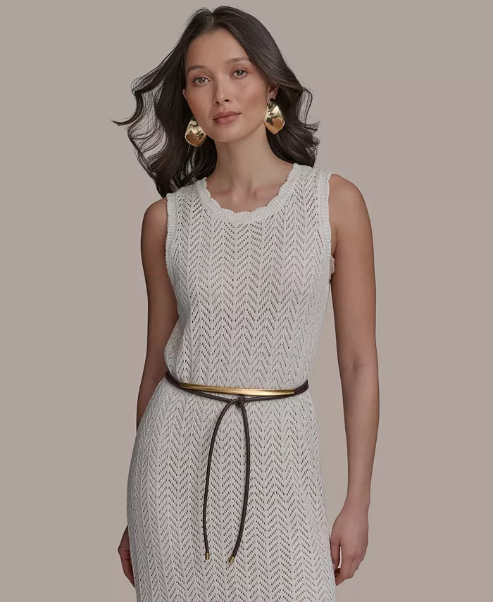 Alfani Donna Karan New York Women's Pointelle Knit Belted Dress Women's Fashion Shoes & Accessories