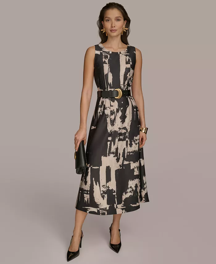 Alfani Donna Karan New York Women's Printed Belted A-Line Dress Women's Fashion Shoes & Accessories