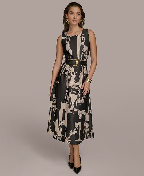alfani Donna Karan New York Women's Printed Belted A-Line Dress Women's Fashion Shoes & Accessories