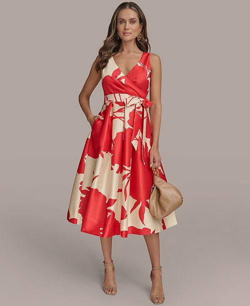 alfani Donna Karan New York Women's Printed Tie-waist V-neck A-line Dress Women's Fashion Shoes & Accessories