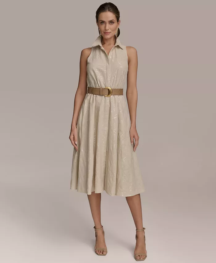 Alfani Donna Karan New York Women's Sequin Embellished Linen Belted Shirtdress Women's Fashion Shoes & Accessories