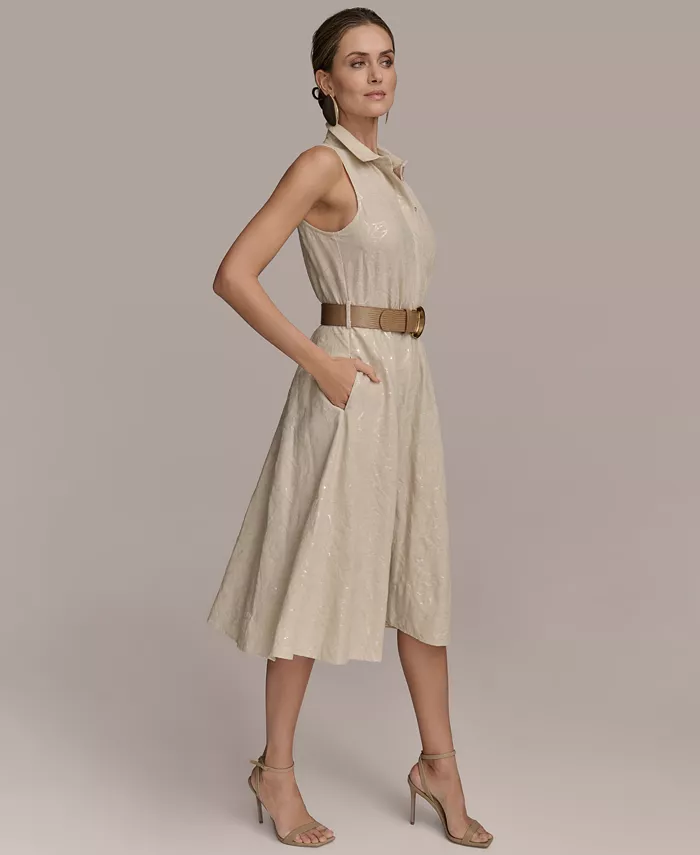 Alfani Donna Karan New York Women's Sequin Embellished Linen Belted Shirtdress Women's Fashion Shoes & Accessories