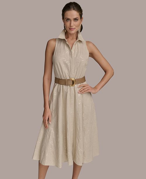 alfani Donna Karan New York Women's Sequin Embellished Linen Belted Shirtdress Women's Fashion Shoes & Accessories