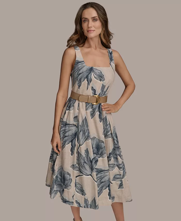 Alfani Donna Karan New York Women's Sleeveless Linen-Blend Belted Dress Women's Fashion Shoes & Accessories