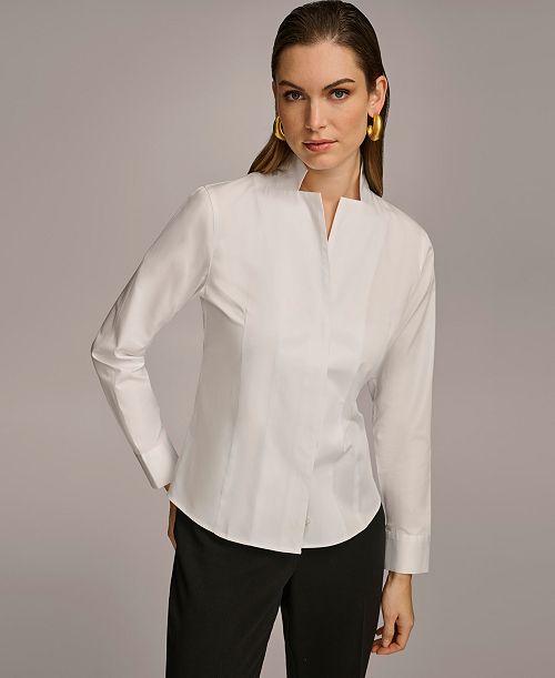 alfani Donna Karan New York Women's Stand Collar Button Front Cotton Shirt Women's Fashion Shoes & Accessories