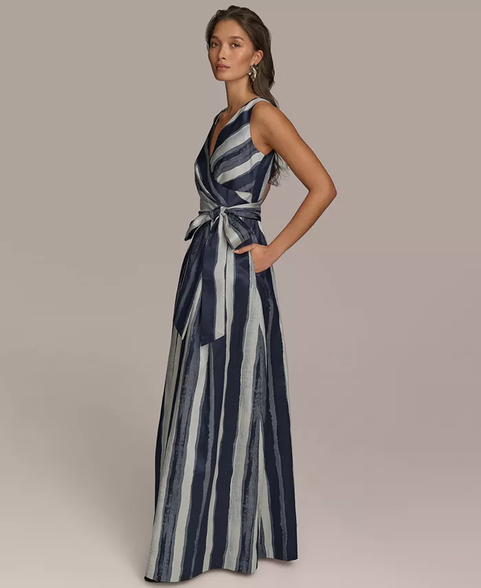 Alfani Donna Karan New York Women's Striped Belted Gown Women's Fashion Shoes & Accessories