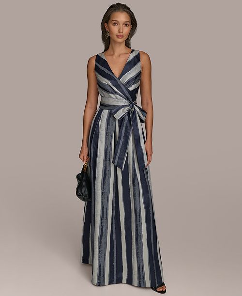 alfani Donna Karan New York Women's Striped Belted Gown Women's Fashion Shoes & Accessories