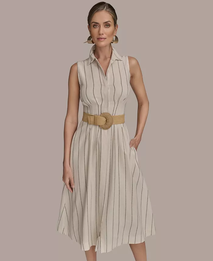 Alfani Donna Karan New York Women's Striped Belted Shirt Dress Women's Fashion Shoes & Accessories
