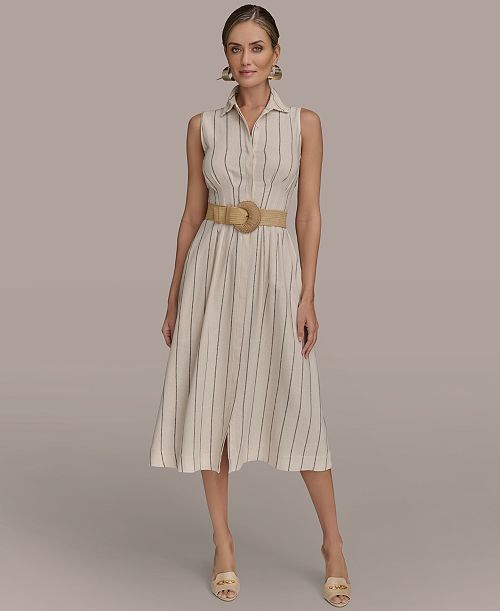 alfani Donna Karan New York Women's Striped Belted Shirt Dress Women's Fashion Shoes & Accessories