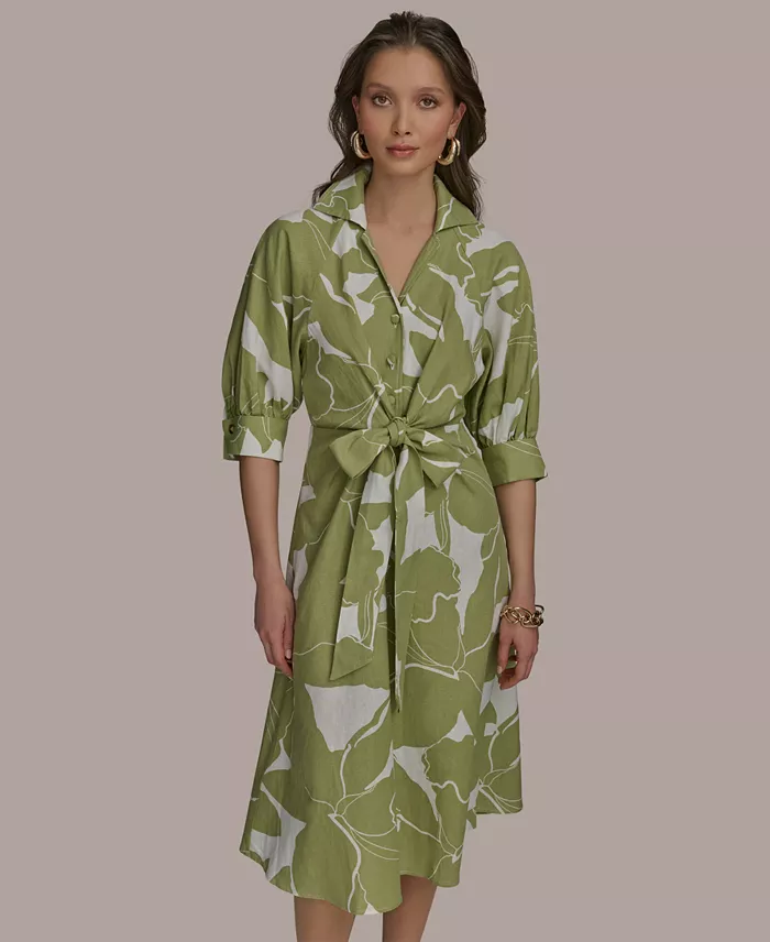 Alfani Donna Karan New York Women's Tie-Front Linen Midi Dress Women's Fashion Shoes & Accessories