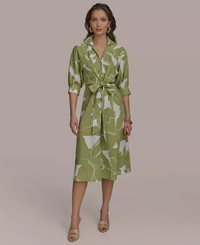 Alfani Donna Karan New York Women's Tie-Front Linen Midi Dress Women's Fashion Shoes & Accessories