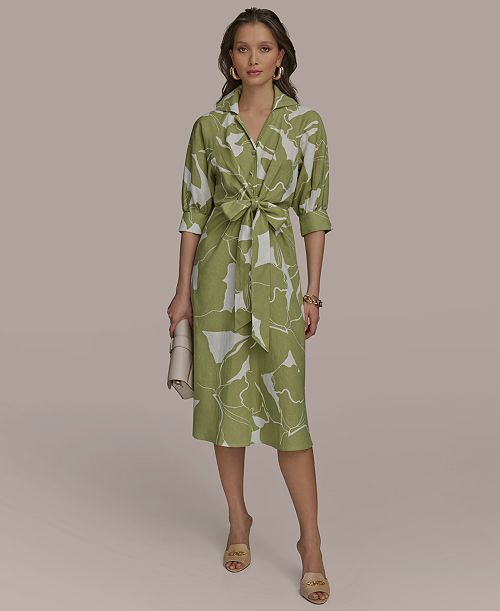 alfani Donna Karan New York Women's Tie-Front Linen Midi Dress Women's Fashion Shoes & Accessories