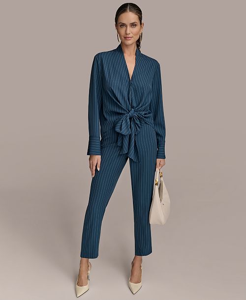 alfani Donna Karan New York Women's Tie-Front Pinstripe Blouse & Pants Women's Fashion Shoes & Accessories