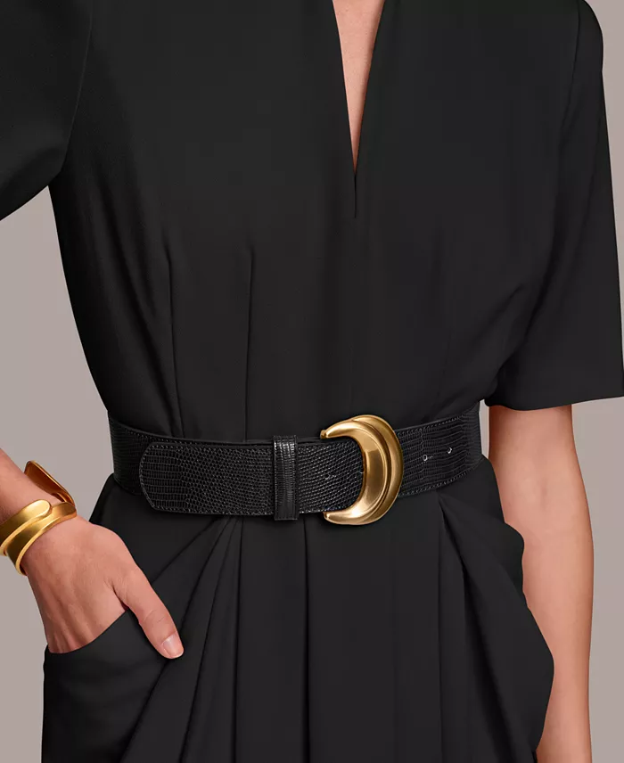 Alfani Donna Karan New York Women's V-Neck Belted Short-Sleeve Midi Dress Women's Fashion Shoes & Accessories