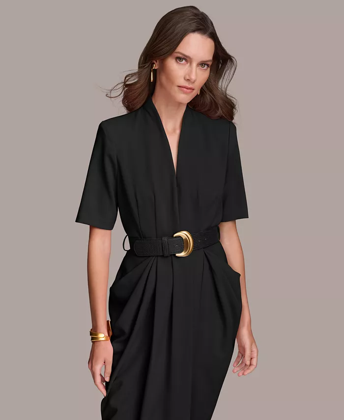 Alfani Donna Karan New York Women's V-Neck Belted Short-Sleeve Midi Dress Women's Fashion Shoes & Accessories