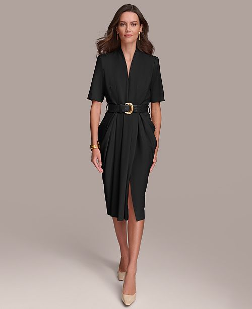alfani Donna Karan New York Women's V-Neck Belted Short-Sleeve Midi Dress Women's Fashion Shoes & Accessories