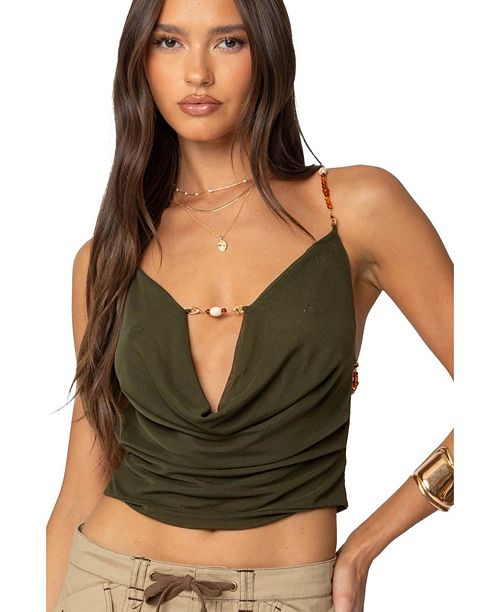 alfani Edikted Women's Beaded Deep Cowl Neck Backless Top Women's Fashion Shoes & Accessories