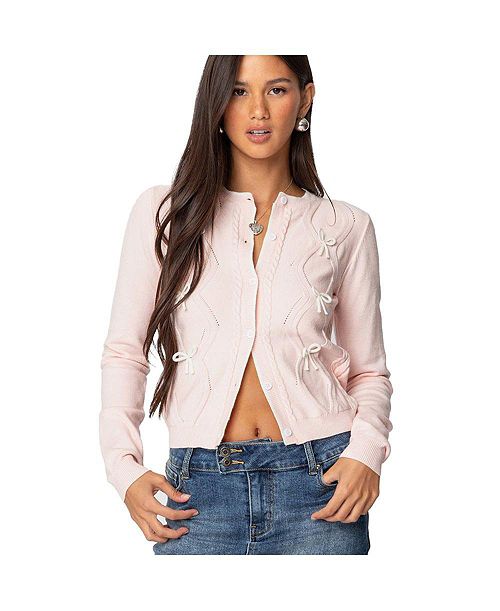 alfani Edikted Women's Contrast Bow Knit Cardigan Women's Fashion Shoes & Accessories