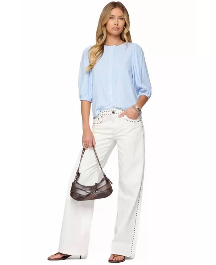 Alfani Edikted Women's Pinstripe Linen Look Button Up Shirt Women's Fashion Shoes & Accessories