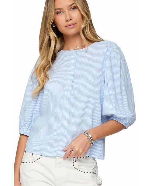 alfani Edikted Women's Pinstripe Linen Look Button Up Shirt Women's Fashion Shoes & Accessories