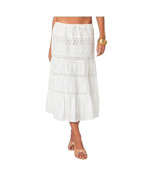 alfani Edikted Women's Tiered Cotton Lace Midi Skirt Women's Fashion Shoes & Accessories