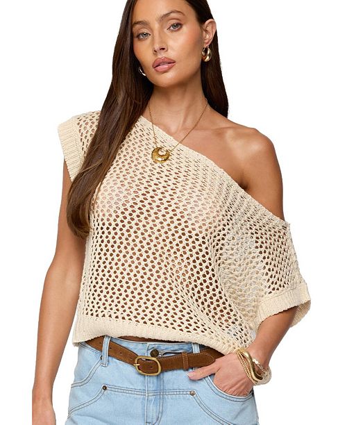 alfani Edikted Women's Trix Off Shoulder Open Knit Top Women's Fashion Shoes & Accessories