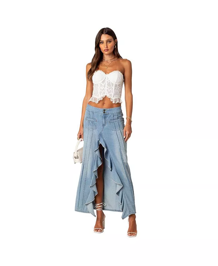Alfani Edikted Women's Valencia Ruffle Slitted Denim Maxi Skirt Women's Fashion Shoes & Accessories