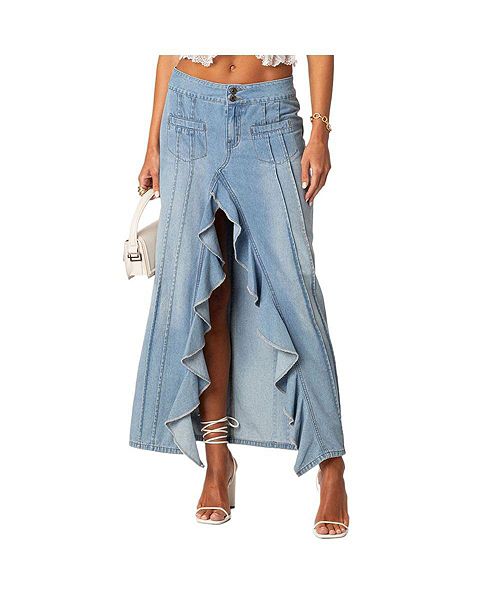 alfani Edikted Women's Valencia Ruffle Slitted Denim Maxi Skirt Women's Fashion Shoes & Accessories