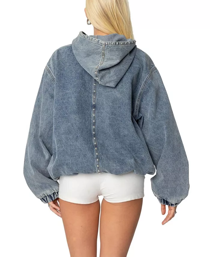 Alfani Edikted Womens Marney Oversized Studded Denim Hoodie Women's Fashion Shoes & Accessories