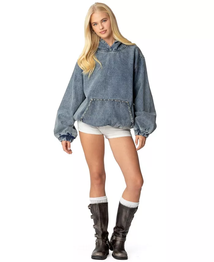 Alfani Edikted Womens Marney Oversized Studded Denim Hoodie Women's Fashion Shoes & Accessories