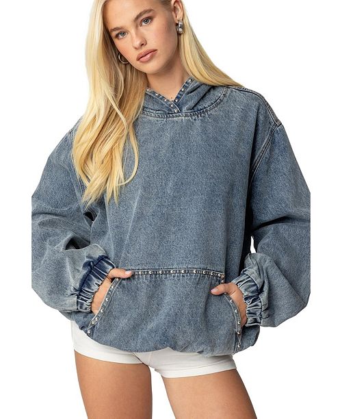 alfani Edikted Womens Marney Oversized Studded Denim Hoodie Women's Fashion Shoes & Accessories