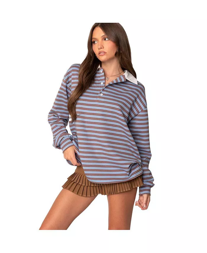 Alfani Edikted Womens Stripey Oversized Collared Shirt Women's Fashion Shoes & Accessories