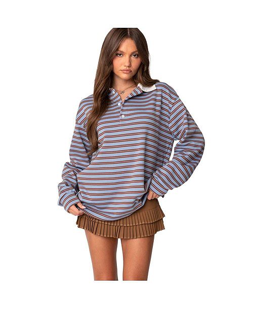 alfani Edikted Womens Stripey Oversized Collared Shirt Women's Fashion Shoes & Accessories