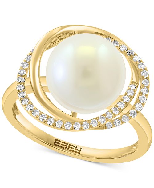 alfani EFFY Collection EFFY® Cultured Freshwater Pearl (10mm) & Diamond (1/6 ct. t.w.) Knot Swirl Ring in 14k Gold Jewelry & Watches