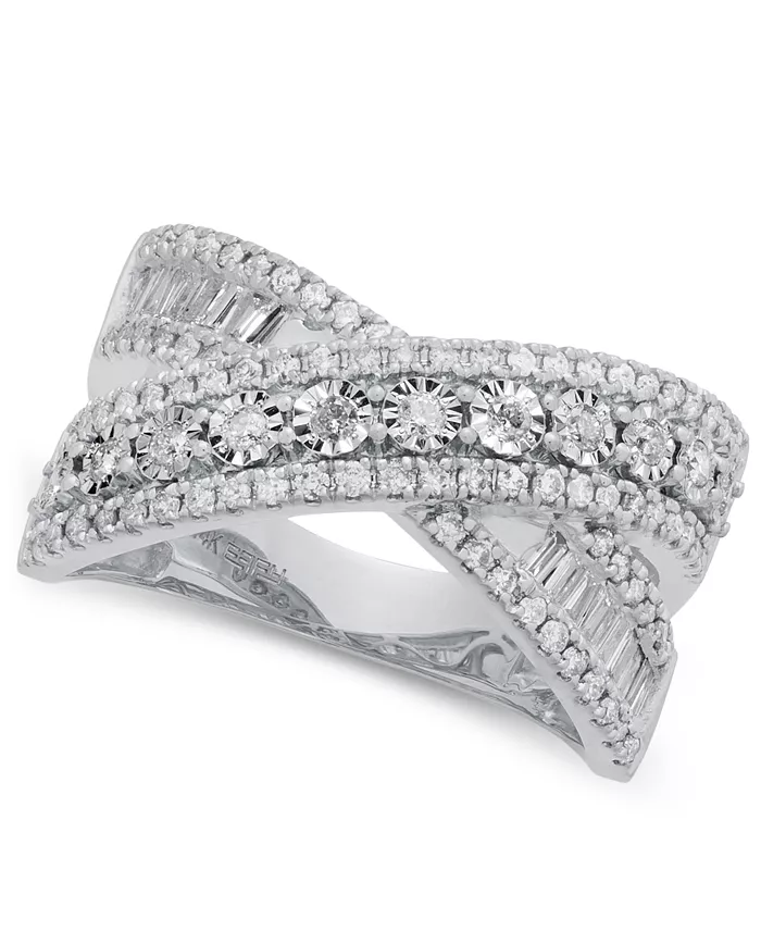 Alfani EFFY Collection EFFY® Diamond Round & Baguette Crossover Statement Ring In White Gold (3/4 Ct. T.w.) (Also Available In 14k Gold) Jewelry & Watches