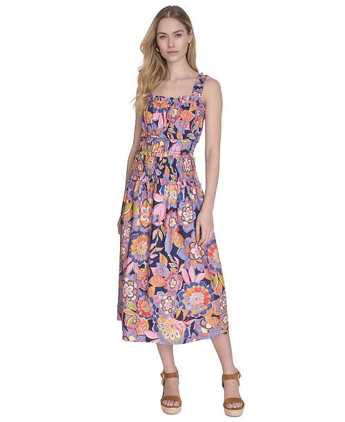 alfani Eliza J Women's Cotton Smocked-Waist Floral-Print Dress Women's Fashion Shoes & Accessories
