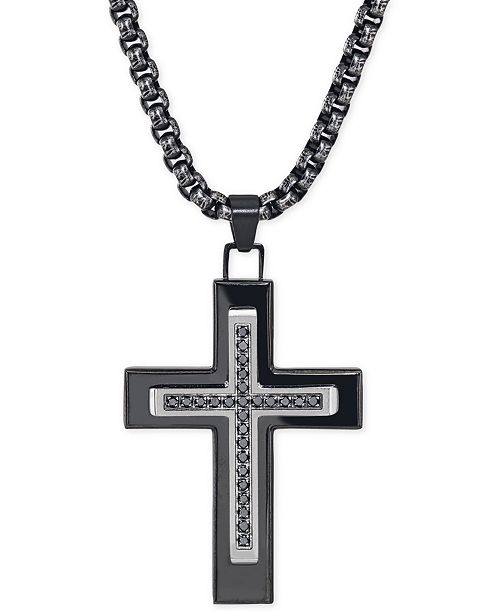Esquire Men's Jewelry Black Diamond (1/4 ct. t.w.) Cross Necklace in Black IP over Stainless Steel Created for Macy's Jewelry & Watches