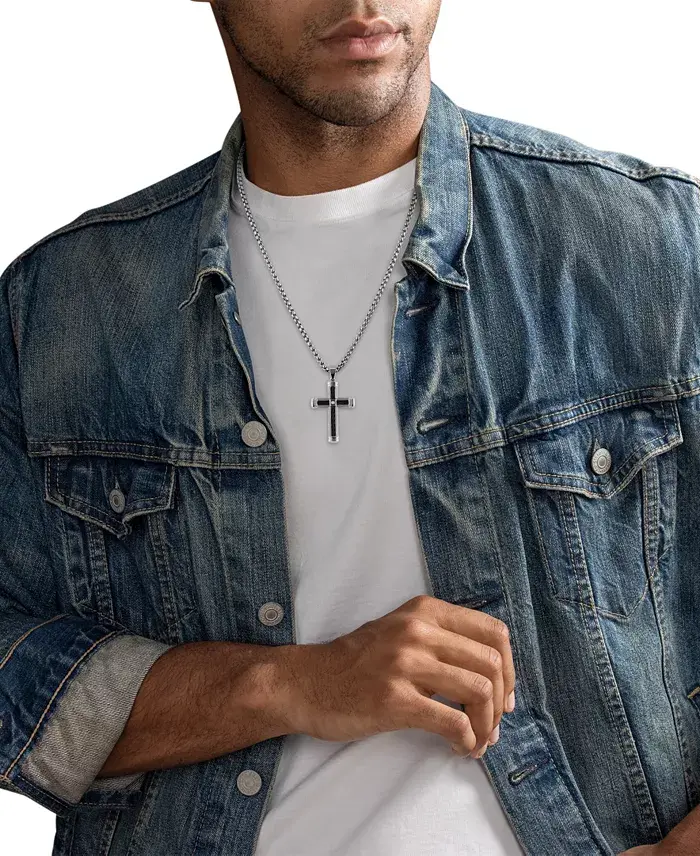 Esquire Men's Jewelry Diamond Accent Cross 22" Pendant Necklace In Stainless Steel & Black Ion-Plate Created For Macy's Jewelry & Watches