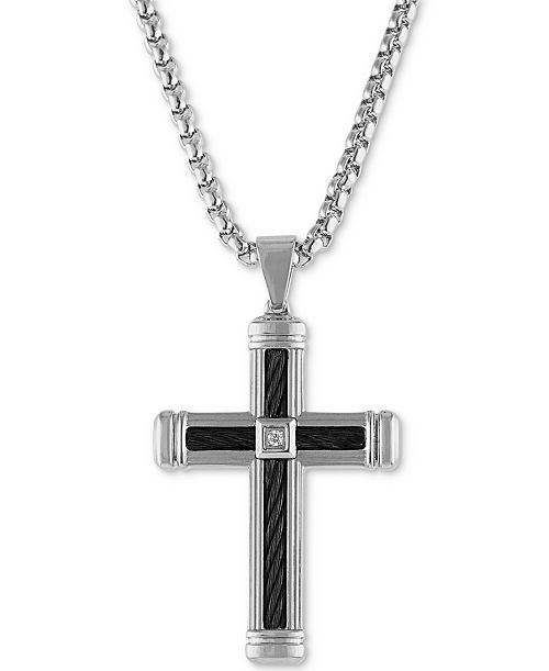 Esquire Men's Jewelry Diamond Accent Cross 22" Pendant Necklace in Stainless Steel & Black Ion-Plate Created for Macy's Jewelry & Watches