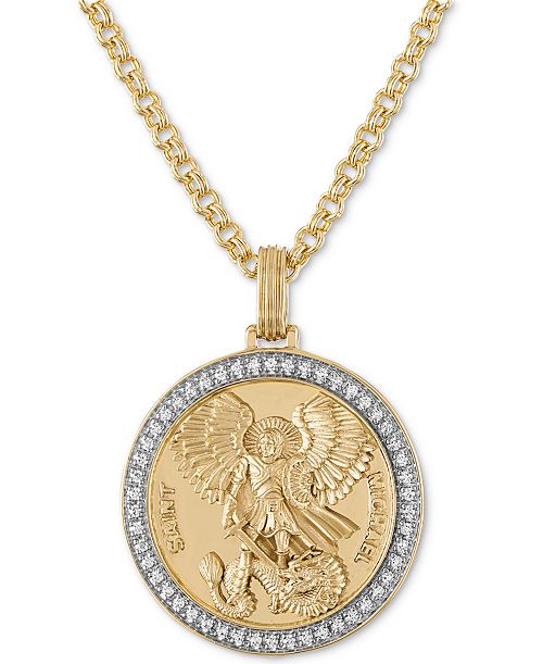 Esquire Men's Jewelry Diamond St. Michael Medallion 22" Pendant Necklace (1/4 ct. t.w.) in 18k Gold-Plated Sterling Silver Created for Macy's Jewelry & Watches