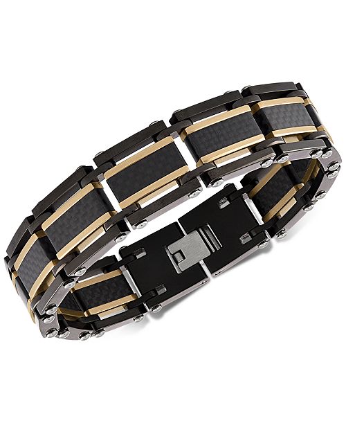 Esquire Men's Jewelry Two-Tone Square Link Bracelet in Black & Gold Ion-Plated Stainless Steel & Black Carbon Fiber Created for Macy's Jewelry & Watches