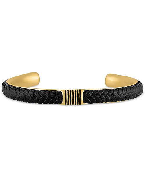 Esquire Men's Jewelry Woven Leather Cuff Bracelet in Gold-Tone Ion-Plated Stainless Steel Created for Macy's Jewelry & Watches