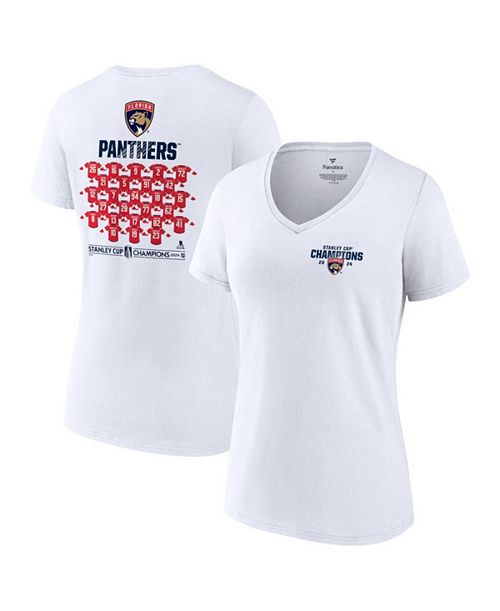alfani Fanatics Women's White Florida Panthers 2024 Stanley Cup Champions Jersey Roster V-Neck T-Shirt Sports Fan Shop