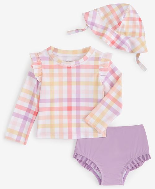 alfani First Impressions Baby Girls Plaid Hat Swim Top & Bottoms Exclusively at Macy's Kids