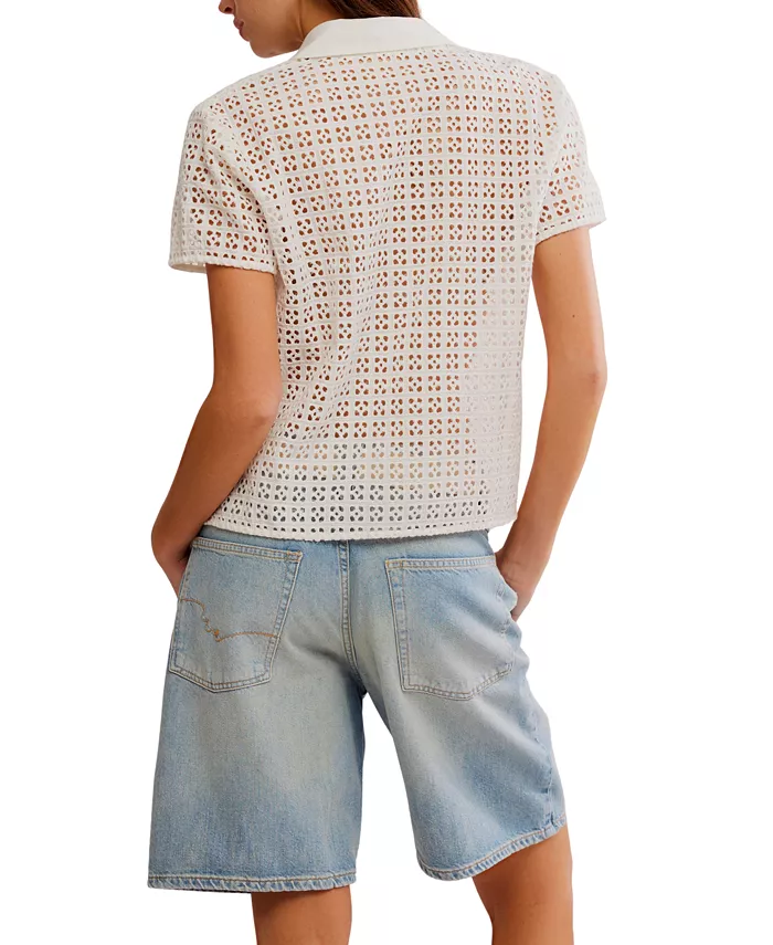Alfani Free People Women's Anna Eyelet Polo Top Women's Fashion Shoes & Accessories