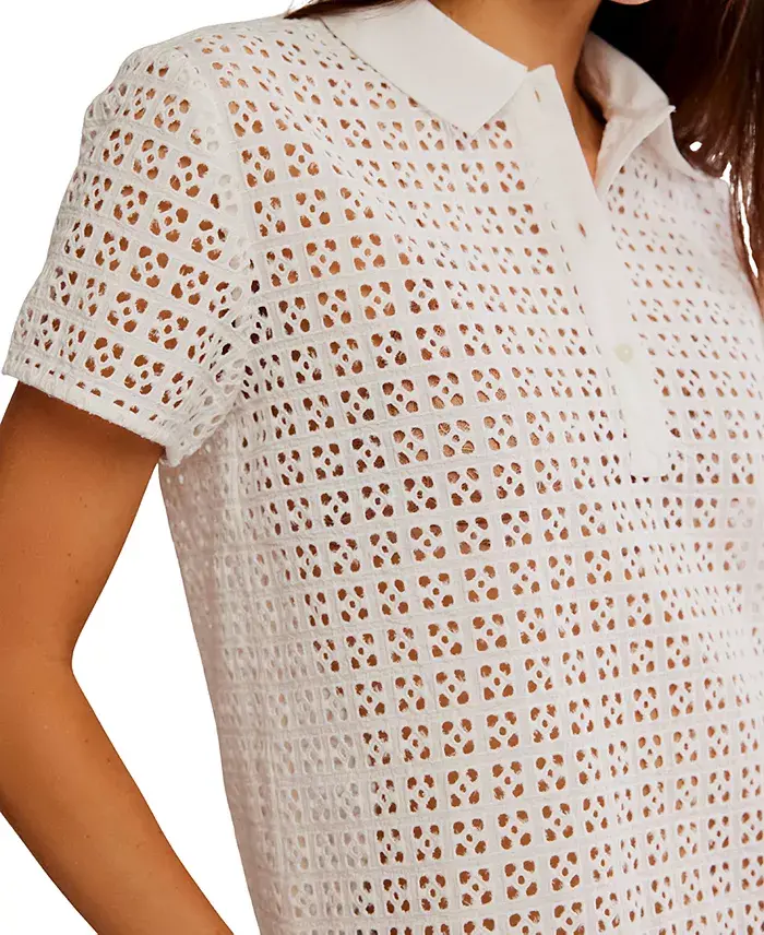 Alfani Free People Women's Anna Eyelet Polo Top Women's Fashion Shoes & Accessories