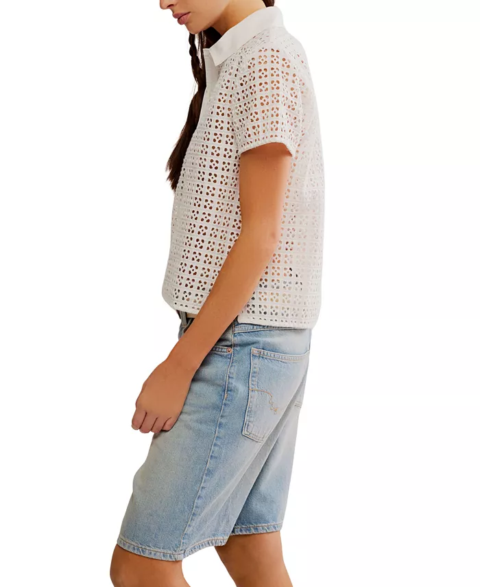 Alfani Free People Women's Anna Eyelet Polo Top Women's Fashion Shoes & Accessories