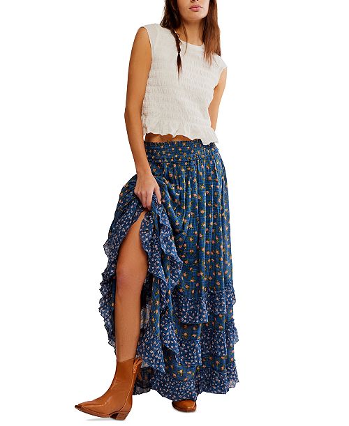 alfani Free People Women's Brynn Printed Ruffle Maxi Skirt Women's Fashion Shoes & Accessories